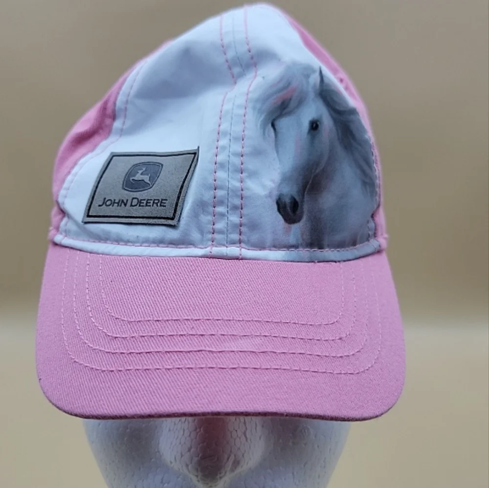 John Deere Toddler Girl's Hat Cap Pink White Horse Image One Size Stretch Back